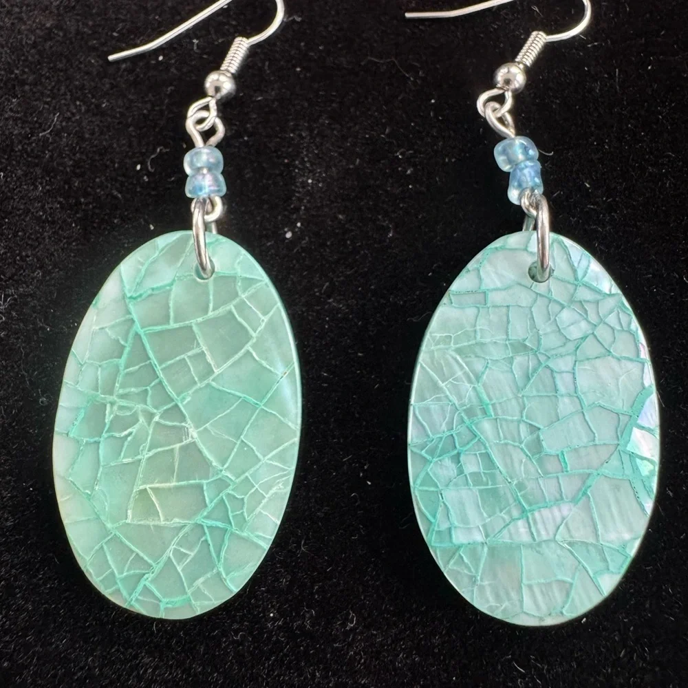 Vintage Iridescent Crackle Turquoise Beaded Oval Earrings